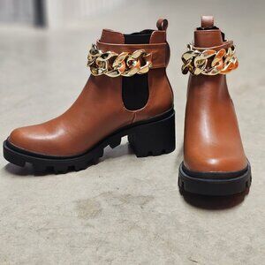 Chunky Heel Tan Ankle Boots With Gold Chain Detail Pull Tabs & Elastic Panels Fo